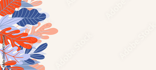 Floral web banner with drawn color exotic leaves. Nature concept design. Modern floral compositions with summer branches. Vector illustration on the theme of ecology, natura, environment