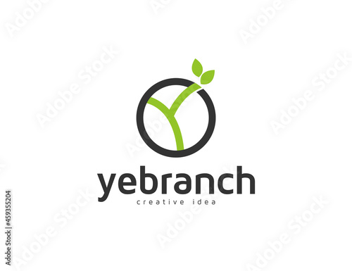 Abstract letter y and branch leaves logo design template