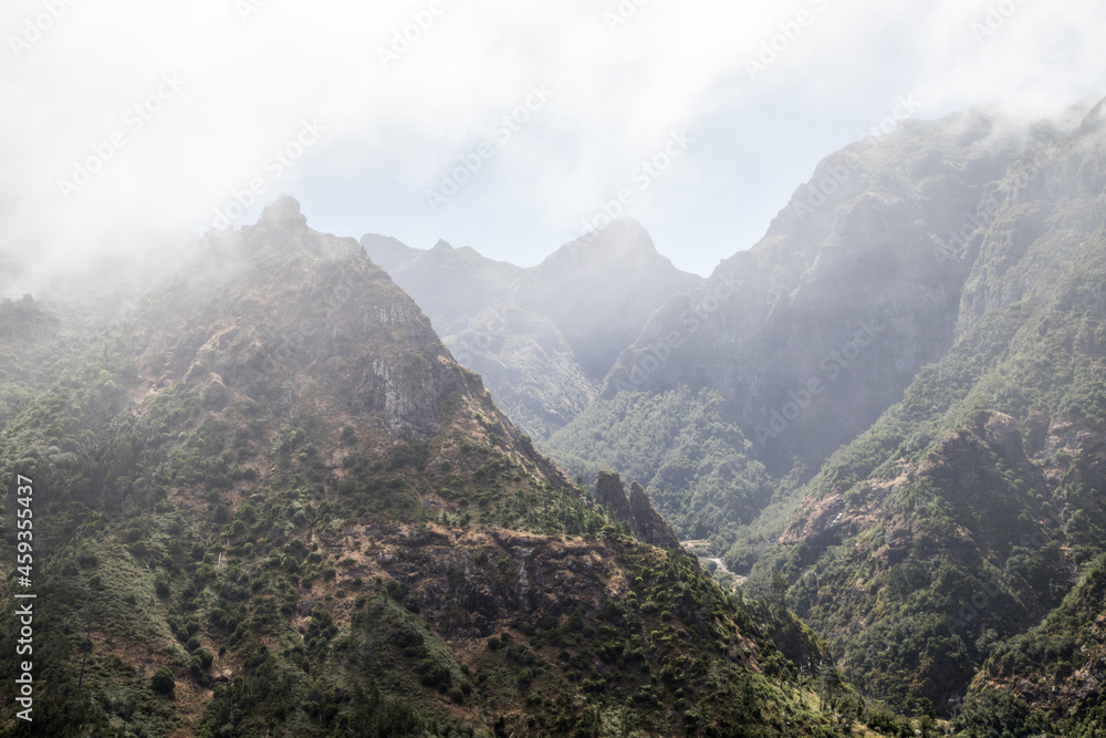 Scenic Mountains with fog at Madeira Island in Portugal
