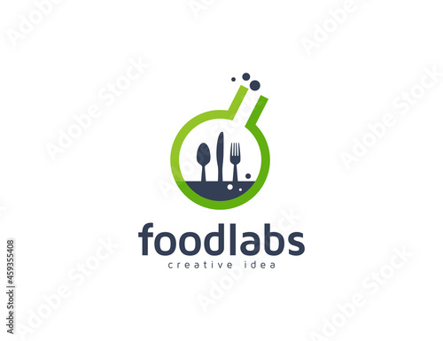 Food logo with laboratory symbol, fork, and spoon illustration