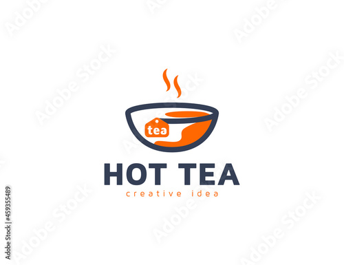 Hot tea and mug illustration logo design template