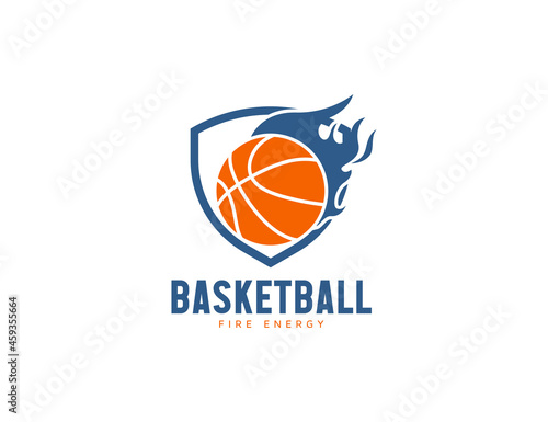 Basketball logo with shield and fire logo illustration