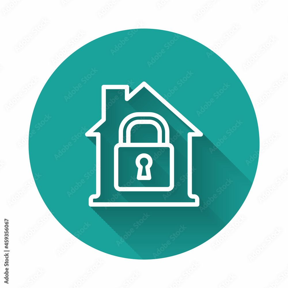 White line House under protection icon isolated with long shadow. Home and lock. Protection, safety, security, protect, defense concept. Green circle button. Vector White line House under protection icon isolated with long shadow. Home and lock. Protection, safety, security, protect, defense concept. Green circle button. Vector