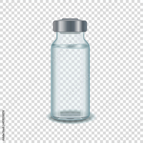 Realistic transparent glass vial of injection solution on transparent background. Vaccine and vaccination against coronavirus, flu. Cosmetic vials for oil, liquid essential, collagen serum.