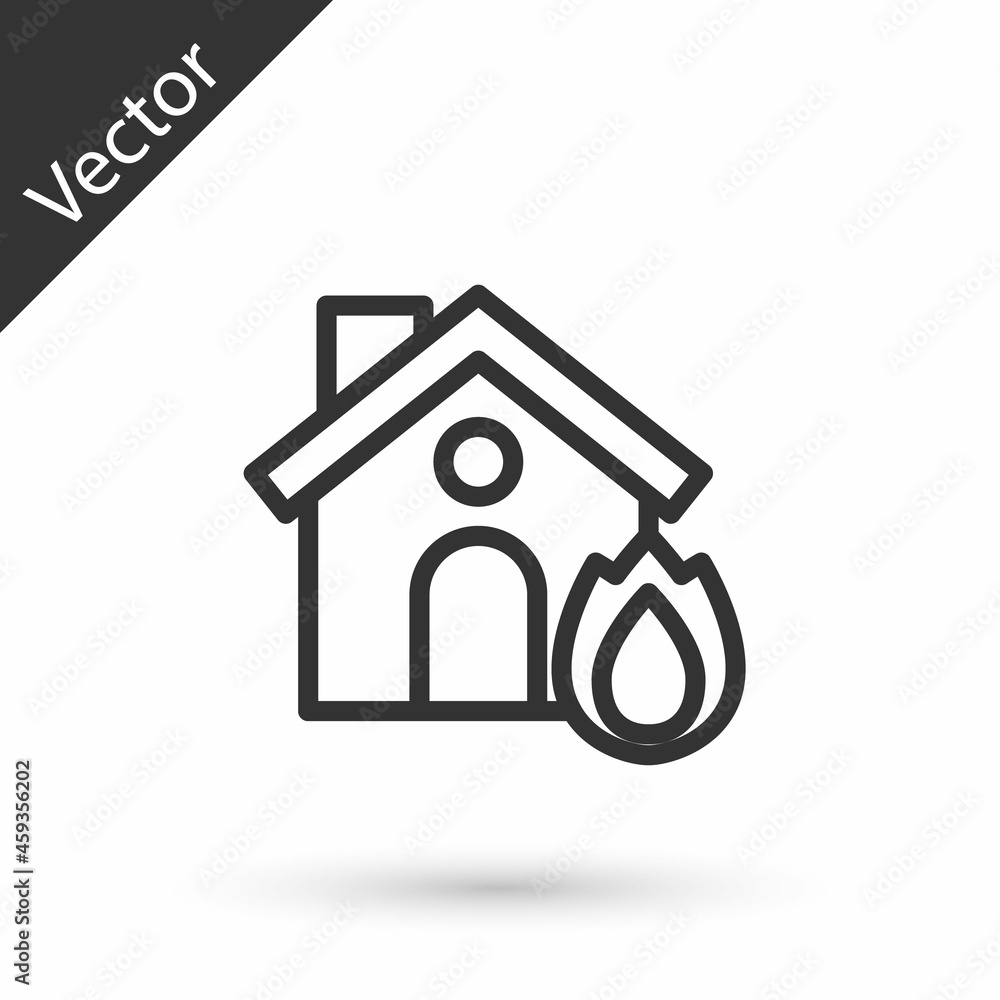 Grey line Fire in burning house icon isolated on white background. Insurance concept. Security, safety, protection, protect concept. Vector. Grey line Fire in burning house icon isolated on white background. Insurance concept. Security, safety, protection, protect concept. Vector.