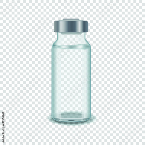 Transparent glass vial of Injection Solution. Vaccine and vaccination against coronavirus, flu. Cosmetic vials for oil, liquid essential, collagen serum. Vector realistic illustration.