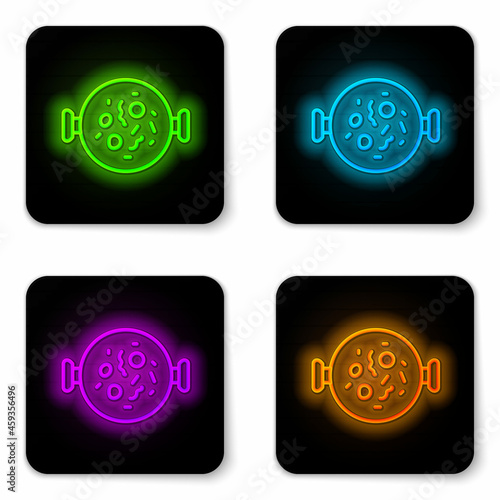 Glowing neon line Chicken tikka masala icon isolated on white background. Indian traditional food. Black square button. Vector