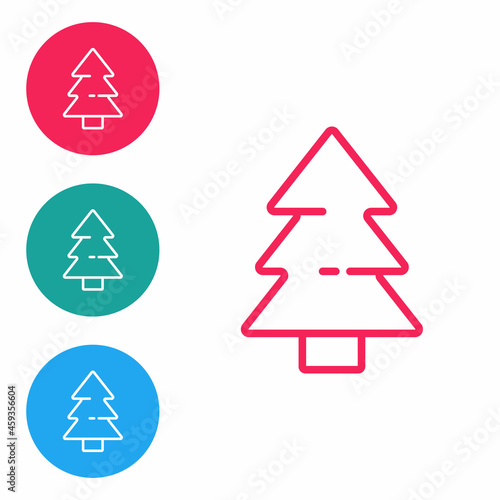 Red line Christmas tree icon isolated on white background. Merry Christmas and Happy New Year. Set icons in circle buttons. Vector