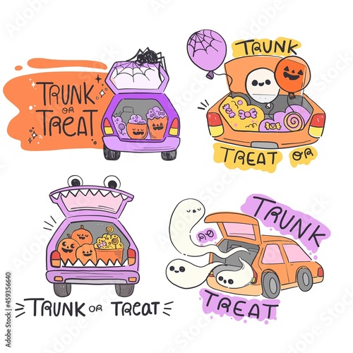 hand drawn trunk treat labels collection vector design illustration