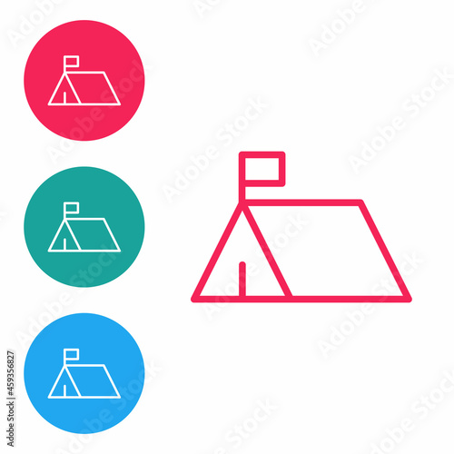 Red line Protest camp icon isolated on white background. Protesting tent. Set icons in circle buttons. Vector