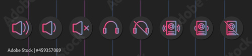Iconos de volumen en tonos neón rosa y azul en fondo oscuro, ilustración vectorial