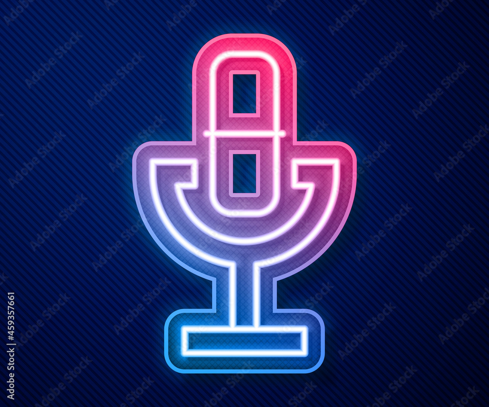Glowing neon line Microphone icon isolated on blue background. On air radio mic microphone. Speaker sign. Vector Glowing neon line Microphone icon isolated on blue background. On air radio mic microphone. Speaker sign. Vector