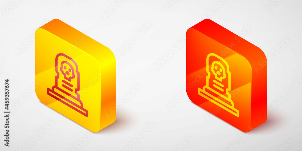 Isometric line Grave with tombstone icon isolated on grey background. Yellow and orange square button. Vector Isometric line Grave with tombstone icon isolated on grey background. Yellow and orange square button. Vector