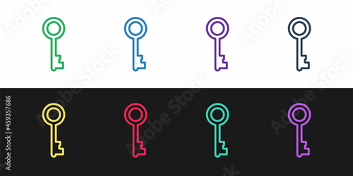 Set line Old key icon isolated on black and white background. Vector