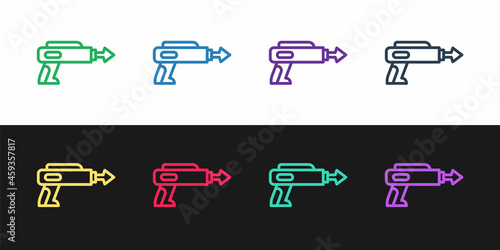 Set line Fishing harpoon icon isolated on black and white background. Fishery manufacturers for catching fish under water. Diving underwater equipment. Vector
