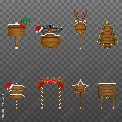 Set of christmas road signs and wooden signboards with decorations and lights