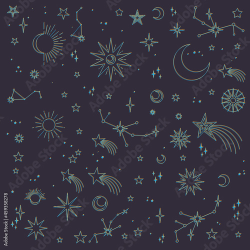 Astral elements vector design. Cosmic, celestial background. Stars, planets, sun, cosmos linear icons.