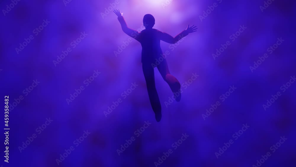 Woman floating in fog , mist. Astral plane. Clothed female floats in ethereal realm. Person's silhouette in Volumetric light rays. 3d render animation Woman floating in fog , mist. Astral plane. Clothed female floats in ethereal realm. Person's silhouette in Volumetric light rays. 3d render animation