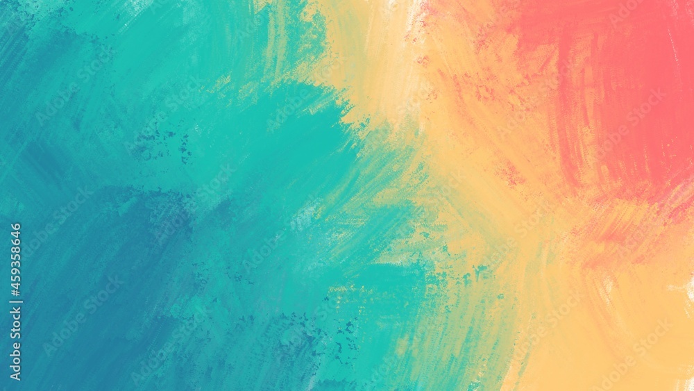 Abstract painting art with teal green, blue and orange paint brush for presentation, website background, banner, wall decoration, or t-shirt design.