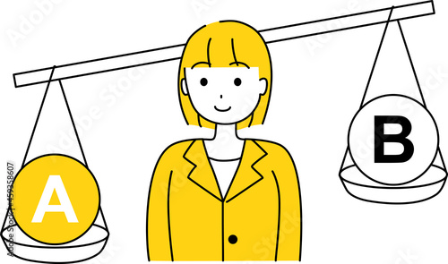 AとBを天秤にかけて考えて比較し、Aを選ぶスーツ姿の女性