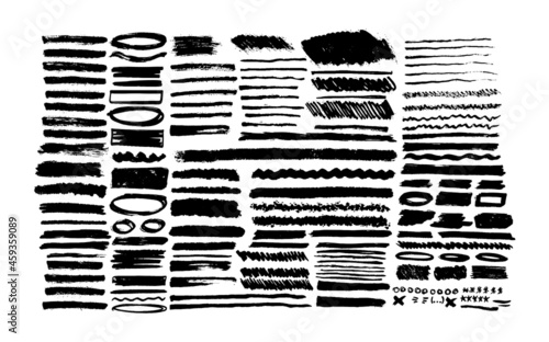 Grunge paint roller. Vector brush stroke. Distressed banner. Black stripes isolated on white background. Paintbrush collection. Modern textured shape. Dry border in black. Bulge lines. 