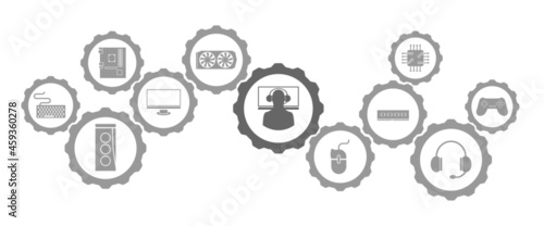 componentes y accesorios para la venta o armado de PC o computadora de escritorio, utilizando un concepto de engranajes, indicando las partes necesarias.