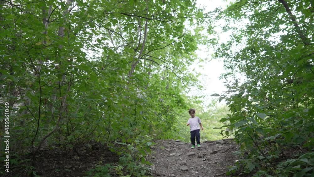Child running in outdoor garden. Kid walking towards camera in forest. Happy young boy walking down the slope in forest alone. Child running in outdoor garden. Kid walking towards camera in forest. Happy young boy walking down the slope in forest alone.