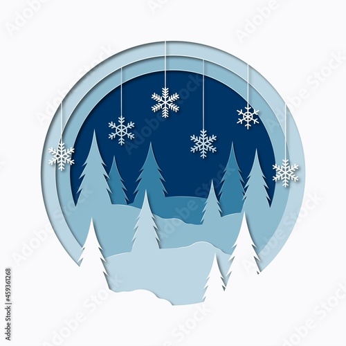 Winter landscape with christmas trees, snow, drifts and snowflakes. Greeting card template for Christmas and New Year. Vector illustration in paper cut style.