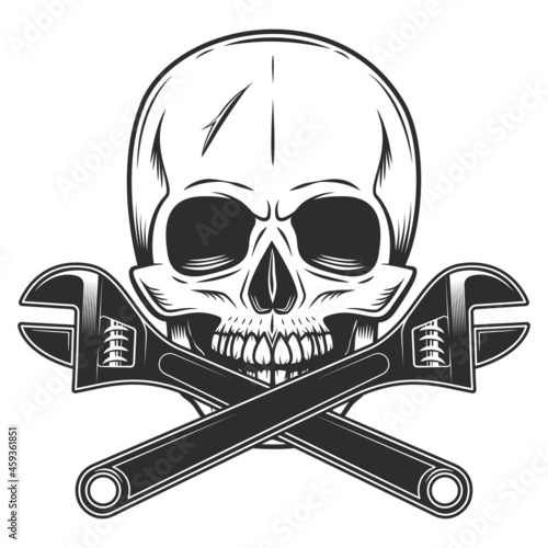 Skull with wrench tools in monochrome illustration style vector icon. Construction spanner plumbing key tool isolated on white background.