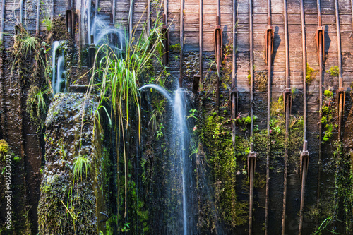Water flows from leaks in the side of an old, large, wood-stave, moss-covered pipeline. photo