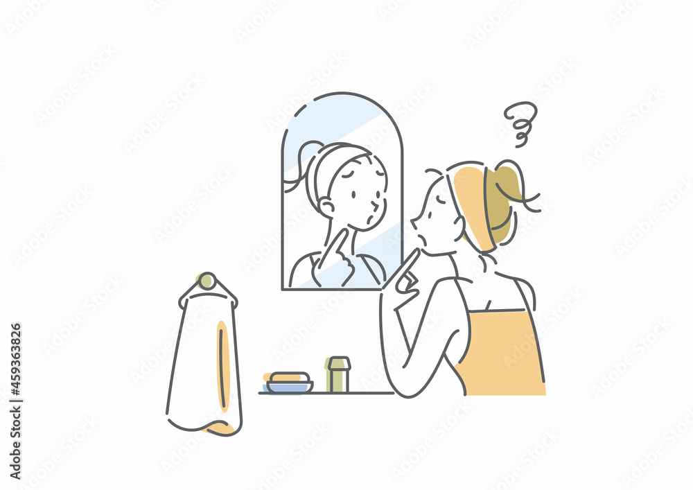 洗面台で鏡を見る若い女性　スキンケア　シンプルでお洒落な線画イラスト