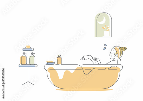 バスタイムを楽しむ若い女性　シンプルでお洒落な線画イラスト