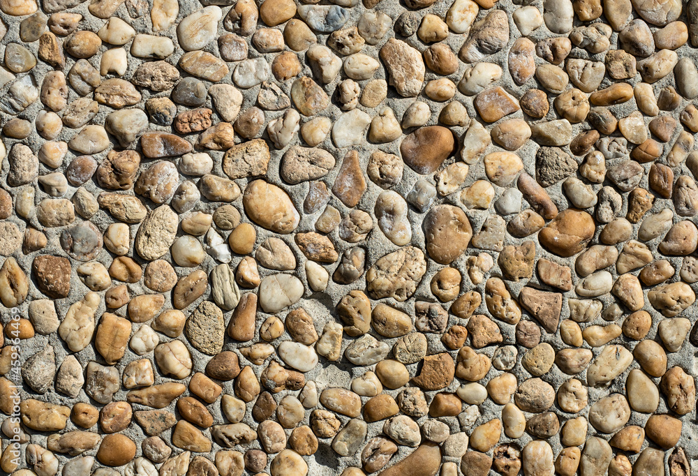 Texture of a gray concrete wall with small brown rounded stones set in it. Texture of a gray concrete wall with small brown rounded stones set in it.