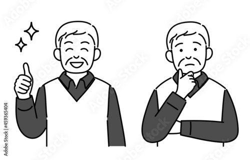 シニア男性の上半身モノクロイラストセット（グッドポーズ・考える）