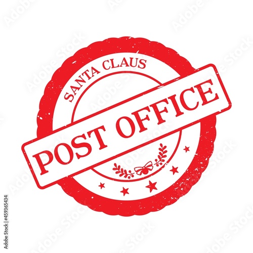 Santa Claus post office - Holiday Stamp design for letters or gifts. Red Xmas decorative element with wreath.