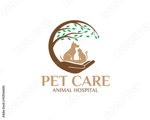 pet care logo designs wit hand and tree to symbols protection service