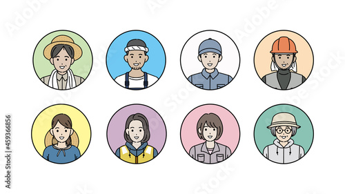 第一次産業　人々　アイコン　男女　農業　漁業　畜産業　林業　イラスト素材