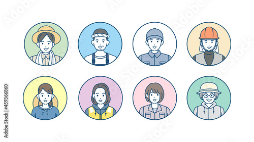 第一次産業　人々　アイコン　男女　農業　漁業　畜産業　林業　イラスト素材