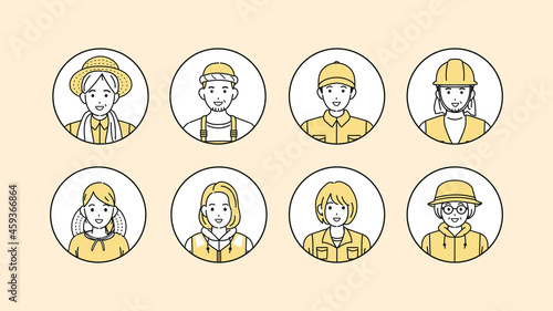 第一次産業　人々　アイコン　男女　農業　漁業　畜産業　林業　イラスト素材
