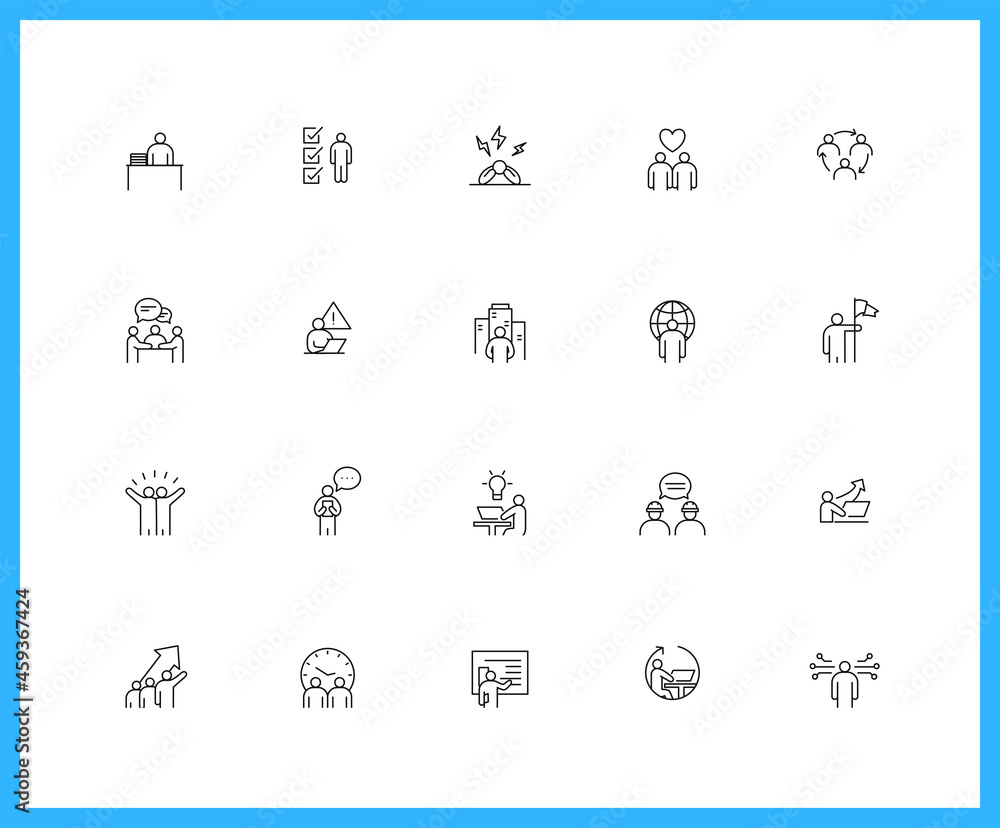 Collection of UI UX linear icons and color icons. work, people, connect, business, love. Set of link, stress symbols drawn with thin contour lines. Vector illustration.