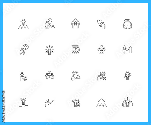 Collection of UI UX linear icons and color icons. people, point, work, Colleague, idea. Set of arrow, meeting symbols drawn with thin contour lines. Vector illustration.