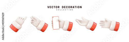 Hands of Santa Claus. Set of realistic 3d design in cartoon style. Hand shows different gestures signs. Vector illustration