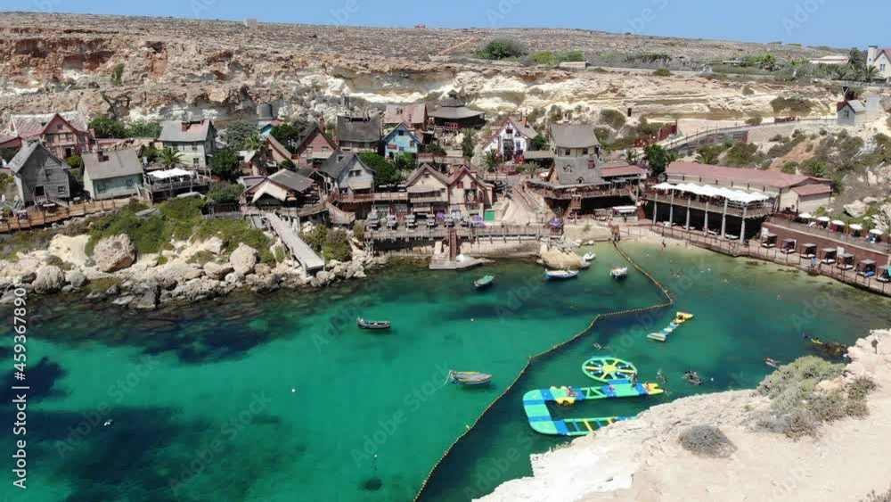 Boats standing still in the Anchor Bay, recreational activity near Popeye village in Malta. Boats standing still in the Anchor Bay, recreational activity near Popeye village in Malta.