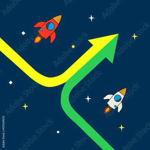 Infographics template of rocket or spaceship with  yellow and green arrows. cartoon flat illustration  vector concept.