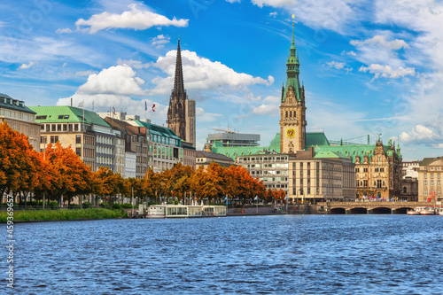 Hamburg Germany, city skyline at Alster with autumn foliage season