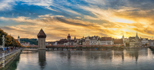 Obraz na plátně Lucerne (Luzern) Switzerland, panorama sunset city skyline at Chapel Bridge with