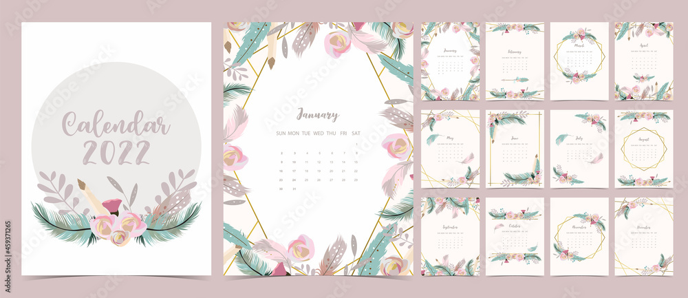 2022 table calendar week start on Sunday with feather and flower that use for vertical digital and printable A4 A5 size