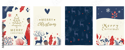 Canvas Collection of winter background set with tree,raindeer,flower,leaves