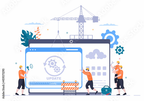 Software System Under Maintenance Vector Illustration. Error Website, Development and Update Webpages on Mobile Application For Poster Template