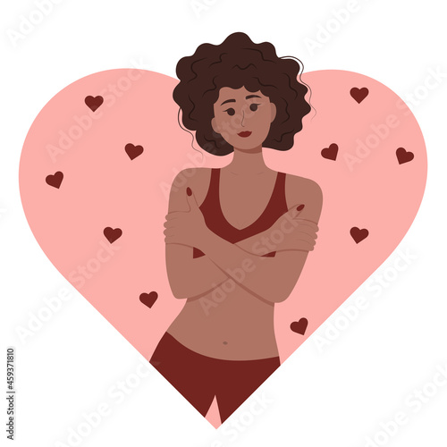Black woman hugging herself. Love yourself concept. Self love and self confidence and care. Mental health, confidence.